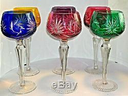 6 Beyer Bleikristall Hock Wine Glass. Crystal Hand Cut to Clear Coloured Vintage