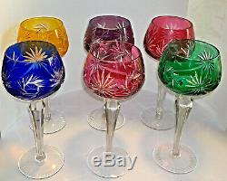 6 Beyer Bleikristall Hock Wine Glass. Crystal Hand Cut to Clear Coloured Vintage