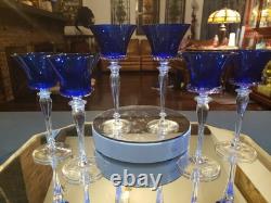(6) Cocktail wine Glasses 6-7/8 Crystal clear Stems Cobalt Blue elegant vintage