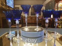 (6) Cocktail wine Glasses 6-7/8 Crystal clear Stems Cobalt Blue elegant vintage