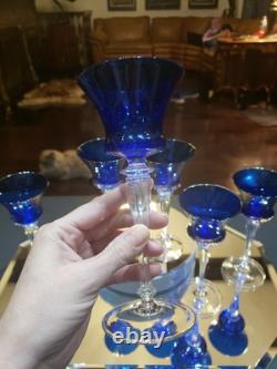 (6) Cocktail wine Glasses 6-7/8 Crystal clear Stems Cobalt Blue elegant vintage