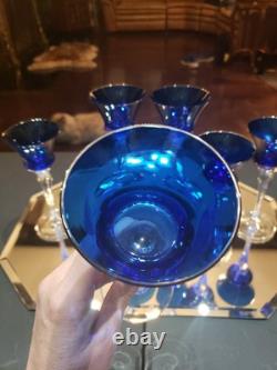 (6) Cocktail wine Glasses 6-7/8 Crystal clear Stems Cobalt Blue elegant vintage