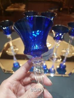 (6) Cocktail wine Glasses 6-7/8 Crystal clear Stems Cobalt Blue elegant vintage