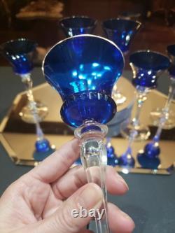 (6) Cocktail wine Glasses 6-7/8 Crystal clear Stems Cobalt Blue elegant vintage