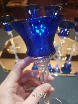 (6) Cocktail wine Glasses 6-7/8 Crystal clear Stems Cobalt Blue elegant vintage