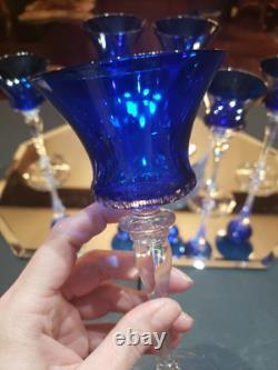 (6) Cocktail wine Glasses 6-7/8 Crystal clear Stems Cobalt Blue elegant vintage