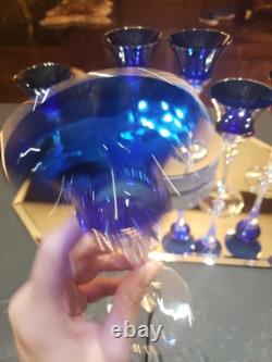 (6) Cocktail wine Glasses 6-7/8 Crystal clear Stems Cobalt Blue elegant vintage