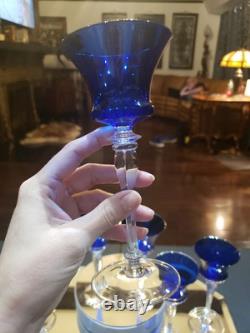 (6) Cocktail wine Glasses 6-7/8 Crystal clear Stems Cobalt Blue elegant vintage