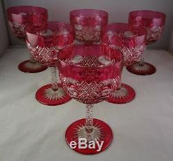 6 Cranberry Crystal Cut To Clear Vintage Glass Wine Goblets