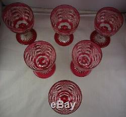 6 Cranberry Crystal Cut To Clear Vintage Glass Wine Goblets