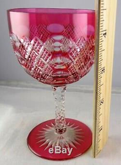 6 Cranberry Crystal Cut To Clear Vintage Glass Wine Goblets