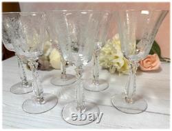 6 Fostoria Elegant Etched Glass Heather Claret Wine Glasses Stems 6 4 ounce
