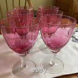 6 George Borgfeldt LISA Optic Cranberry Twist Stem GOBLETS Wine glasses 6 1/4 H