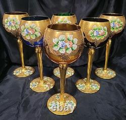(6) Italian Murano Venetian Wine Hock Goblets Glasses Vintage Gold Encrusted 7,5