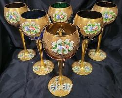 (6) Italian Murano Venetian Wine Hock Goblets Glasses Vintage Gold Encrusted 7,5