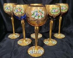 (6) Italian Murano Venetian Wine Hock Goblets Glasses Vintage Gold Encrusted 7,5