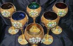 (6) Italian Murano Venetian Wine Hock Goblets Glasses Vintage Gold Encrusted 7,5