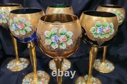 (6) Italian Murano Venetian Wine Hock Goblets Glasses Vintage Gold Encrusted 7,5
