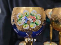 (6) Italian Murano Venetian Wine Hock Goblets Glasses Vintage Gold Encrusted 7,5