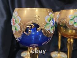 (6) Italian Murano Venetian Wine Hock Goblets Glasses Vintage Gold Encrusted 7,5