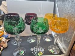 6 Lausitzer Crystal Cut to Clear 8 Wine Hocks Glasses Set MINT Germany