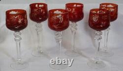 6 Moser Bohemian Czech Red Cut to Crystal Clear Art Glass Stem Wine Glasses