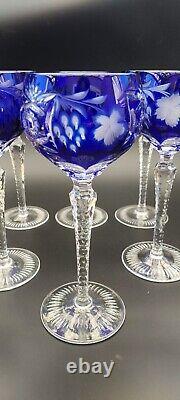 6 Nachtmann Cobalt Blue Cut to clear crystal Bavarian Wine glass 8.25 Vintage