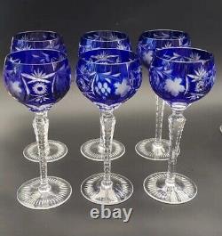 6 Nachtmann Cobalt Blue Cut to clear crystal Bavarian Wine glass 8.25 Vintage