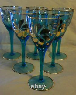 6 PIECE SET, VINTAGE HUNGARIAN HAND BLOWN BLUE CRYSTAL WINE GLASSES 6.5 Tall