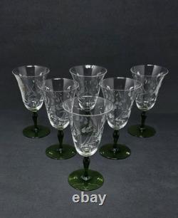 6 Rare Vintage Clear Etched Glass Wine Glasses With Green Stems Leaf & Dot Design