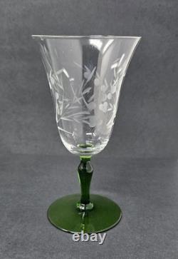 6 Rare Vintage Clear Etched Glass Wine Glasses With Green Stems Leaf & Dot Design