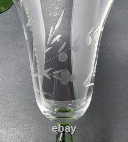 6 Rare Vintage Clear Etched Glass Wine Glasses With Green Stems Leaf & Dot Design