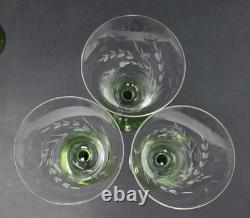 6 Rare Vintage Clear Etched Glass Wine Glasses With Green Stems Leaf & Dot Design