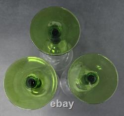6 Rare Vintage Clear Etched Glass Wine Glasses With Green Stems Leaf & Dot Design