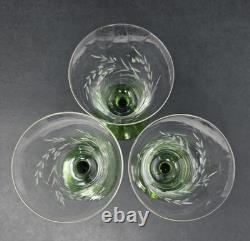 6 Rare Vintage Clear Etched Glass Wine Glasses With Green Stems Leaf & Dot Design