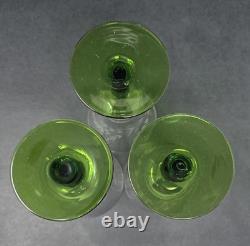 6 Rare Vintage Clear Etched Glass Wine Glasses With Green Stems Leaf & Dot Design