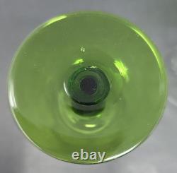 6 Rare Vintage Clear Etched Glass Wine Glasses With Green Stems Leaf & Dot Design