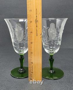 6 Rare Vintage Clear Etched Glass Wine Glasses With Green Stems Leaf & Dot Design