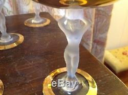 6 VINTAGE BAYEL CRYSTAL FROSTED NUDE LADY STEM GOLD sherbet WINE GLASSES FRANCE