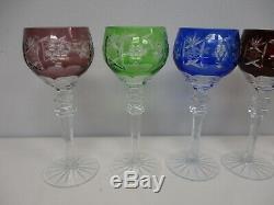 6 VINTAGE BOHEMIAN COLORFUL CUT TO CLEAR WINE HOCK GLASSES w GRAPES & FLOWERS