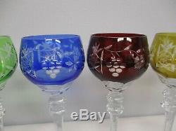 6 VINTAGE BOHEMIAN COLORFUL CUT TO CLEAR WINE HOCK GLASSES w GRAPES & FLOWERS