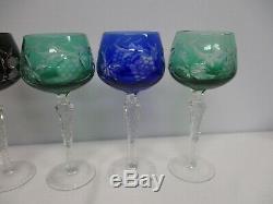 6 VINTAGE BOHEMIAN COLORFUL CUT TO CLEAR WINE HOCK GLASSES w GRAPES FLOWERS 8