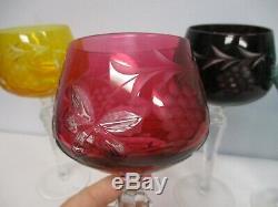 6 VINTAGE BOHEMIAN COLORFUL CUT TO CLEAR WINE HOCK GLASSES w GRAPES FLOWERS 8