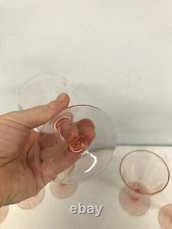 6 VTG PINK PANELED DEPRESSION GLASS WATER WINE ICED TEA GLASSES w BULBOUS TOP