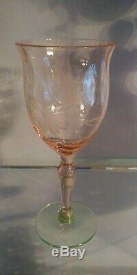 6 VTG. Pink & Green Depression TIFFIN Etched Watermelon Glasses Cordial Wine