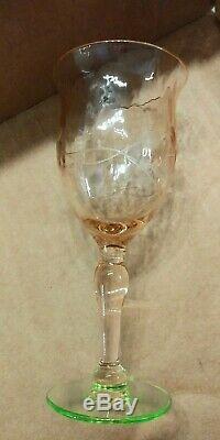 6 VTG. Pink & Green Depression TIFFIN Etched Watermelon Glasses Cordial Wine
