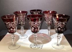 6 VTG bohemian ruby Red cut to clear glasses/goblet water/wine