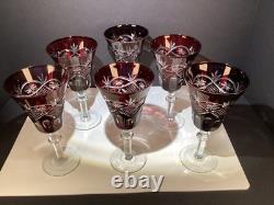 6 VTG bohemian ruby Red cut to clear glasses/goblet water/wine