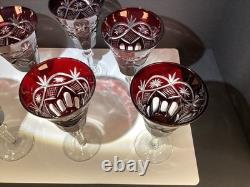 6 VTG bohemian ruby Red cut to clear glasses/goblet water/wine