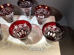 6 VTG bohemian ruby Red cut to clear glasses/goblet water/wine
